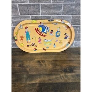 Vintage Metal Serving Tray Nursery Toy Theme Yellow Litho Tin Oval